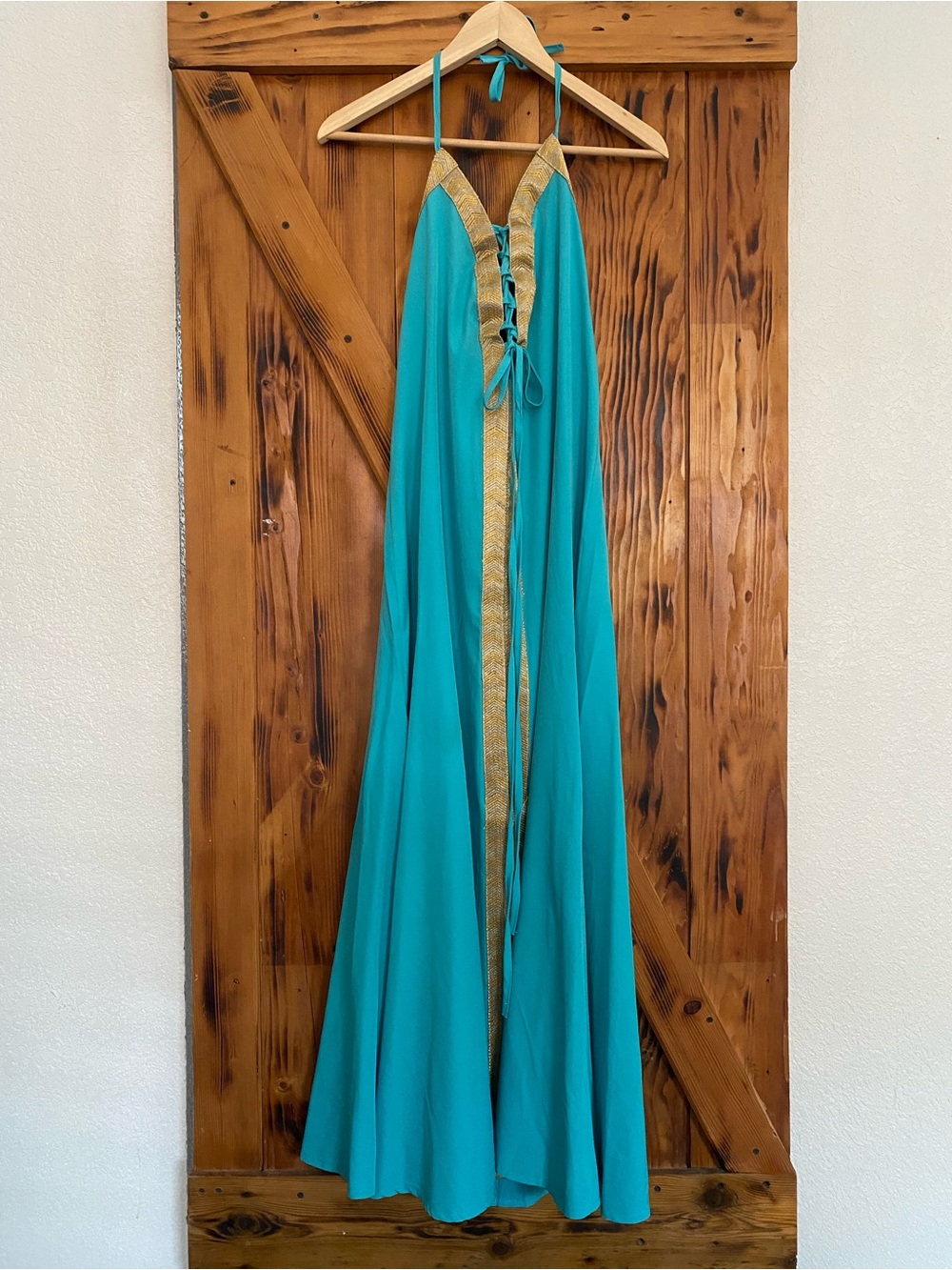 Teal Halter Maxi Dress with Gold Trim, Goddess vibes